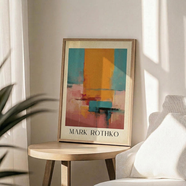 May include: Abstract art poster with orange, teal, and pink rectangular color blocks in wooden frame, displayed on round wooden side table next to beige upholstered chair. Natural sunlight creates soft shadows on white wall. Green plant leaves visible in corner of minimalist modern living room setting.