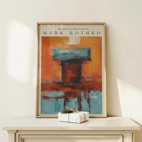 May include: Framed abstract art poster in warm wood frame leaning against white wall on light wooden surface. Artwork features orange and blue rectangular forms with painterly brushstrokes in Rothko's signature style. Small white wrapped gift box with twine sits in front of frame.