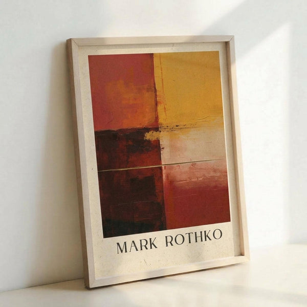 May include: Framed abstract art poster featuring warm color blocks in red, orange, yellow, and burgundy tones with painterly textures, displayed in light wood frame leaning against white wall corner. Print shows Mark Rothko's signature color field style with soft-edged rectangular forms blending into each other.