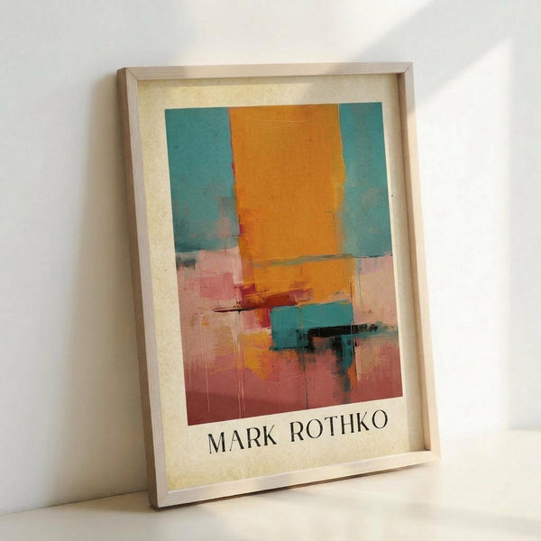 May include: Framed abstract art print in light wood frame leaning against white wall. The artwork features bold geometric blocks of orange, teal blue, and coral pink colors in Rothko's distinctive style. Artist name "MARK ROTHKO" printed below the colorful composition on cream background. Natural lighting creates soft shadows on the wall behind the vertically oriented rectangular frame.