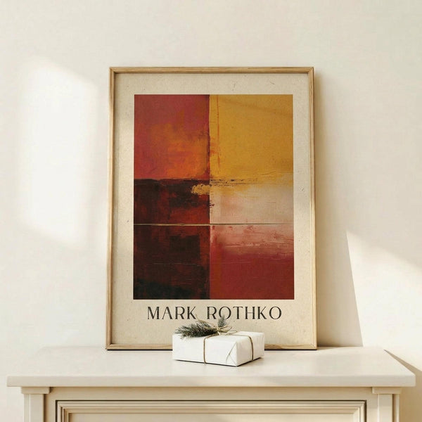 May include: Framed abstract art print in warm earth tones - deep reds, golden yellow, burgundy, and cream arranged in geometric color blocks. Print displays "MARK ROTHKO" text below artwork. Light wood frame with cream matting sits on pale wooden surface beside small white wrapped gift with evergreen sprig. Neutral beige wall background with soft natural lighting.