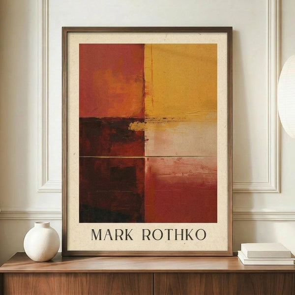 May include: Abstract color field artwork in warm tones of red, orange, yellow and cream arranged in rectangular blocks, displayed in brown wooden frame on walnut credenza beside white ceramic vase and stacked books against cream wainscoted wall