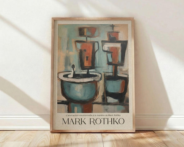 May include: Framed abstract art print leaning against white wall on light wooden floor. The artwork features geometric shapes in muted teal, orange, and beige tones depicting stylized kitchen objects like bowls and containers. Natural wood frame with white matting. Soft natural lighting creates diagonal shadows across the white textured wall.