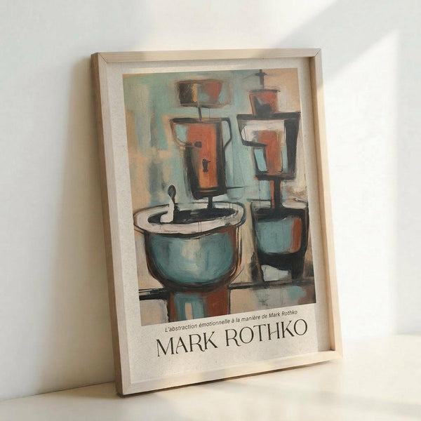 May include: Abstract expressionist artwork in light wooden frame leaning against white wall. Painting features geometric rectangular forms in muted teal, coral orange, and cream tones with soft, blended edges. Bold black text reading "MARK ROTHKO" appears at bottom with French subtitle. Frame casts subtle shadow on wall surface.