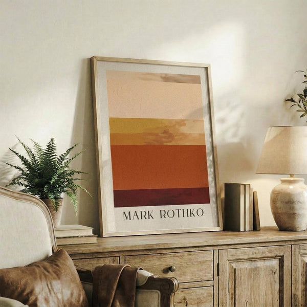 May include: Framed art print featuring horizontal color bands in cream, yellow, orange, and burgundy tones displayed on rustic wooden sideboard. Scene shows neutral living room with fern plant, stacked books, ceramic vase, and beige upholstered chair. Natural lighting creates soft shadows on white wall behind minimalist abstract artwork in light wood frame.