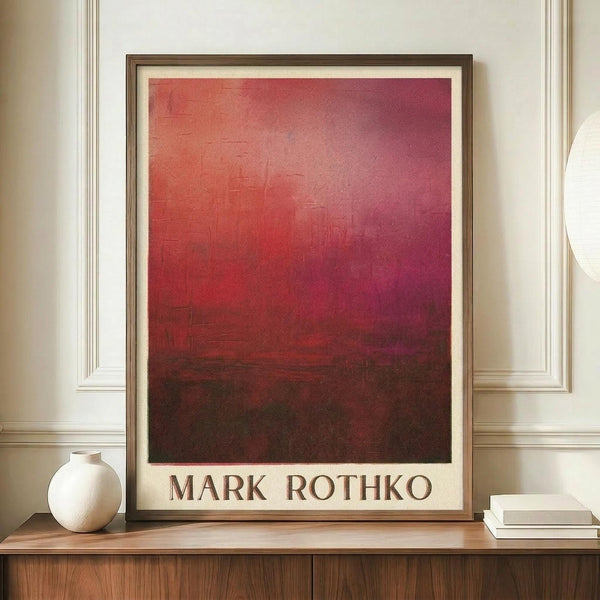 May include: Framed art print featuring deep red and burgundy abstract color field painting with darker earth tones along bottom, displayed on wooden sideboard next to white ceramic vase and stacked books in elegant room with cream walls and white wainscoting