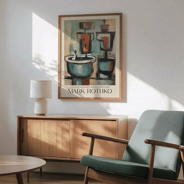 May include: Mid-century modern living room with sage green armchair and wood sideboard displaying a framed Mark Rothko exhibition poster. The poster features abstract kitchen vessels in muted blues, oranges and greens against a cream background. Warm sunlight streams across white walls, illuminating the vintage furniture and ceramic table lamp.