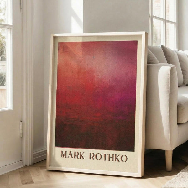 May include: Framed poster print with deep red and burgundy abstract color field painting in light wood frame, displayed against white wall next to beige upholstered sofa with throw pillows in bright living room with large windows and natural lighting.