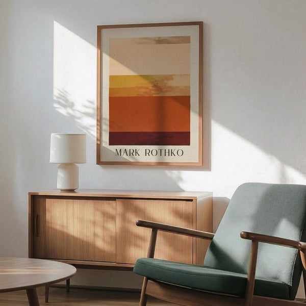 May include: Framed abstract art print with horizontal color bands in cream, yellow, orange, and burgundy tones displayed above a wooden sideboard. Mid-century modern living room setting with mint green upholstered chair, white ceramic table lamp, and natural sunlight casting shadows across white walls.