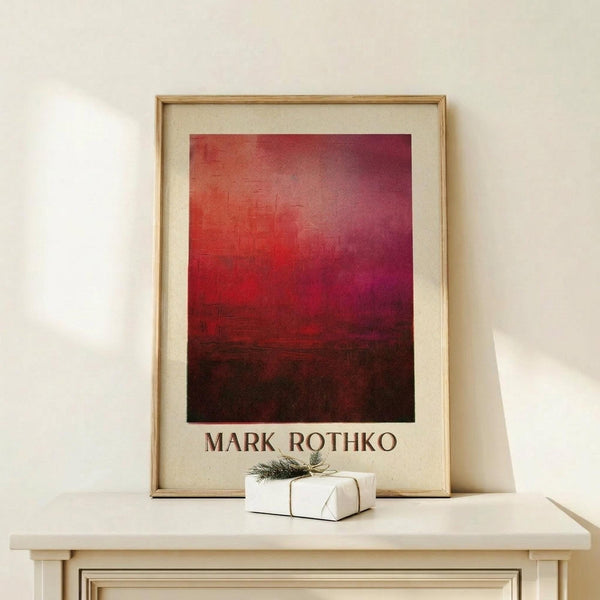 May include: Framed art print displaying abstract color field painting with gradient from light orange-pink at top transitioning to deep burgundy and dark brown at bottom, displayed in light wood frame with cream matting. Small white wrapped gift with evergreen sprig sits on light wooden surface below frame against cream wall.
