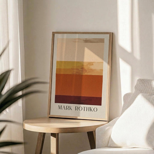 May include: Framed abstract art print with horizontal color bands in warm tones - cream, yellow, orange, and deep burgundy - displayed on a round wooden side table next to a beige upholstered chair. Sunlight streams across the neutral-toned room, casting shadows from a plant's leaves. The artwork features the artist's name below the geometric composition.