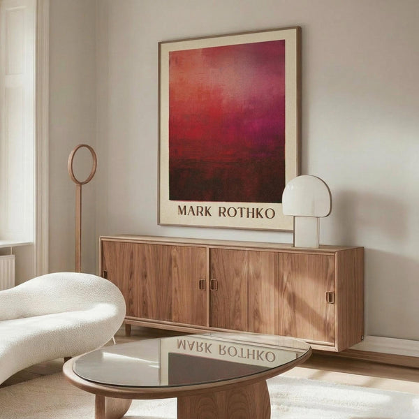 May include: Abstract art poster with red and burgundy gradient colors displayed above a wooden credenza in a modern living room. White sculptural chair and glass coffee table visible in foreground. Poster shows deep crimson tones fading to darker maroon, framed in light wood frame against neutral wall.