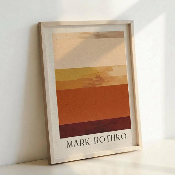 May include: Framed art print featuring horizontal bands of color transitioning from cream at top through yellow, orange, to deep burgundy at bottom, inspired by abstract expressionist style. Light wood frame with white matting displays "MARK ROTHKO" text below the artwork. Print leans against white wall corner, showing warm earth tone palette with soft, painterly edges between color blocks.