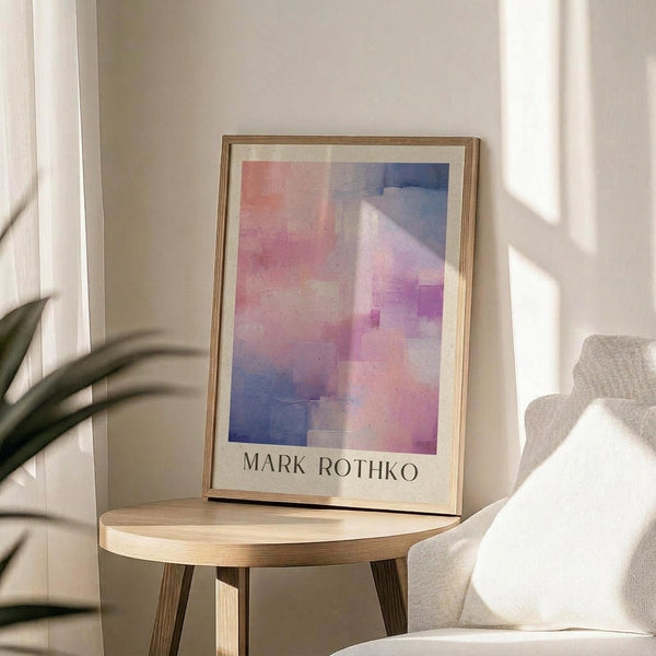 May include: Framed art print with abstract pink, purple and blue watercolor blocks displayed on round wooden side table next to beige upholstered chair. Natural sunlight streams across white wall creating geometric shadows. Green plant leaves visible in corner of minimalist room setting.