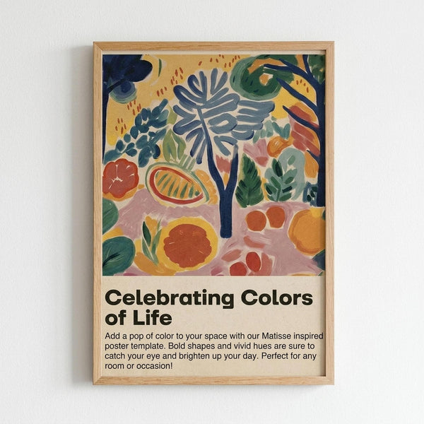 Colorful abstract botanical artwork in wooden frame hanging on white wall. Features vibrant painted leaves, flowers, and organic shapes in blues, greens, oranges, and pinks with yellow background. Below the artwork is white text reading "Celebrating Colors of Life" with descriptive paragraph about Matisse-inspired design. Modern minimalist room setting with clean presentation.