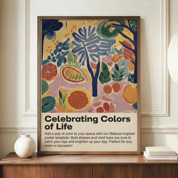 May include: Framed poster with colorful Matisse-style artwork featuring abstract botanical elements including a blue tree, tropical leaves, fruits, and organic shapes in vibrant blues, greens, oranges, and pinks on cream background. Text below reads "Celebrating Colors of Life" with descriptive paragraph. Displayed on wooden sideboard next to white ceramic vase and stack of books against cream wainscoted wall.