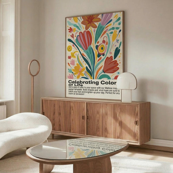 May include: Colorful Matisse-inspired floral poster with bold red, yellow, green, and orange abstract flowers and leaves, displayed above a mid-century modern walnut credenza in a bright living room with white curved chair, brass floor lamp, and glass coffee table on light wood floors