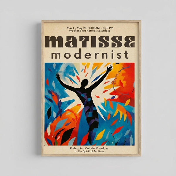 May include: Framed poster displaying abstract modernist artwork with silhouetted figure in dynamic pose, arms raised upward. Vibrant swirling colors in blues, oranges, and reds surround the black figure against cream background. Text reads "matisse modernist" at top and "Embracing Colorful Freedom In the Spirit of Matisse" at bottom. Natural wood frame mounted on light gray wall.