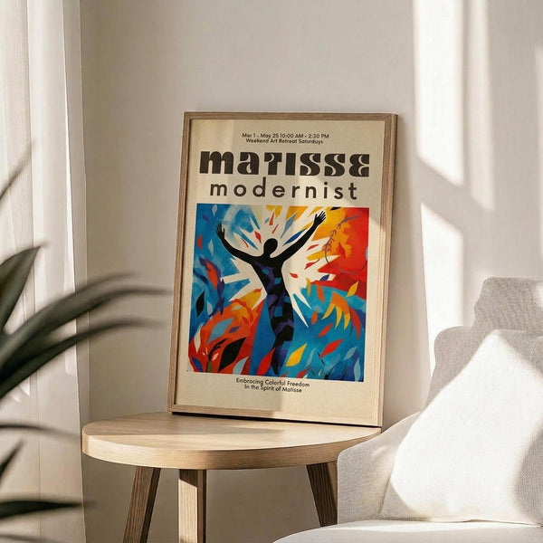 May include: Framed poster with modernist design featuring a silhouetted figure with raised arms surrounded by vibrant blue and orange abstract shapes, displayed on a light wood round side table next to a beige upholstered chair. Natural sunlight streams across white walls, with a plant's shadow visible in the corner of this minimalist living room setting.