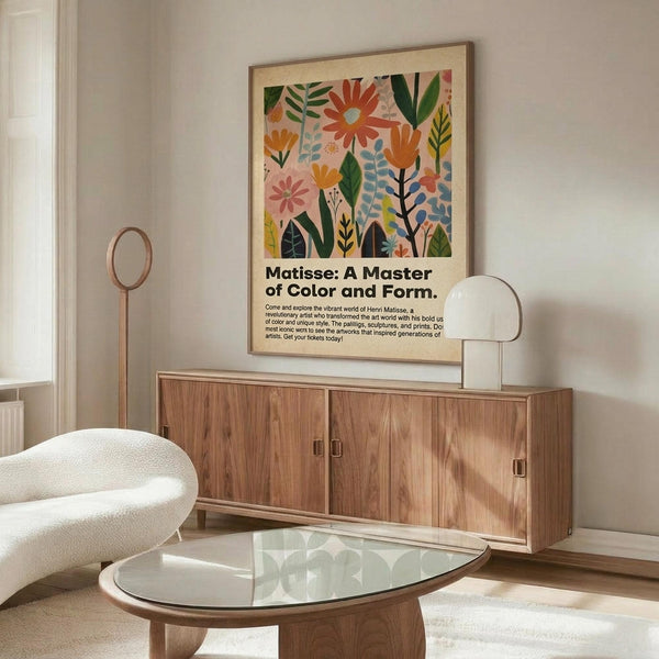 May include: Colorful botanical poster with vibrant flowers and leaves in orange, pink, green, and blue tones, displayed in thin wooden frame above walnut credenza. Modern living room setting features white sculptural chair, glass-top oval coffee table, and natural lighting creating soft shadows on cream walls.