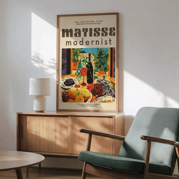 May include: Matisse-inspired modernist poster in wooden frame displaying colorful still life with wine bottle, fruits, and plants, positioned on mid-century wooden credenza beside white ceramic table lamp, next to sage green upholstered armchair with wooden arms in bright, sunlit room with white walls