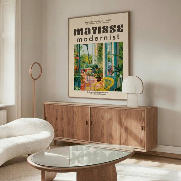 May include: Modernist art poster featuring colorful interior scene with plants, furniture and windows, displayed above wooden credenza in contemporary living room setting with white curved chair, glass coffee table, and modern floor lamp