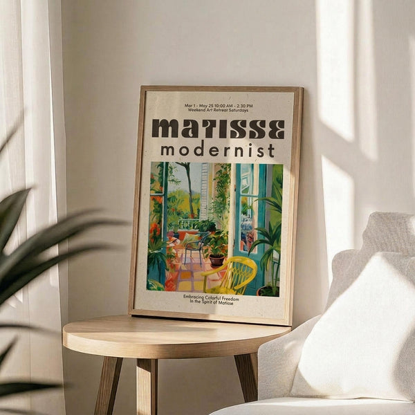 May include: Framed vintage-style art poster displaying colorful interior scene with plants, yellow chair, and blue windows, positioned on round wooden side table next to beige upholstered chair. Natural sunlight creates soft shadows across white walls, with green plant leaves visible in foreground.