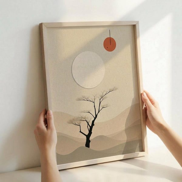 May include: Hands holding a light wood framed art print featuring a minimalist landscape with layered beige and tan mountains, a bare black tree silhouette, large pale circular moon, and small orange sun. The artwork has a desert-inspired color palette with soft neutral tones and geometric shapes creating depth through overlapping translucent layers.