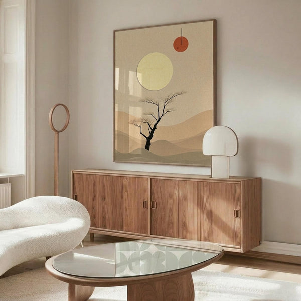 May include: Framed minimalist desert landscape artwork with warm earth tones, featuring a bare tree, rolling hills, pale yellow sun and small orange circle against beige background. Displayed above mid-century walnut credenza in modern living room with white curved chair, glass oval coffee table, and mushroom-style table lamp.