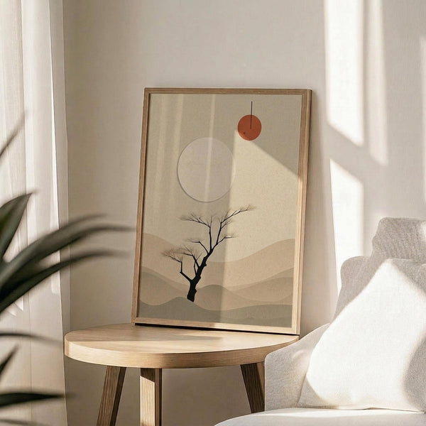 May include: Framed minimalist desert landscape artwork with abstract layered mountains in beige and cream tones, bare black tree silhouette, orange and white circular sun elements. Light wood frame resting on round wooden side table next to beige upholstered chair. Soft natural lighting creates window shadows across white wall. Green plant leaves visible in corner.
