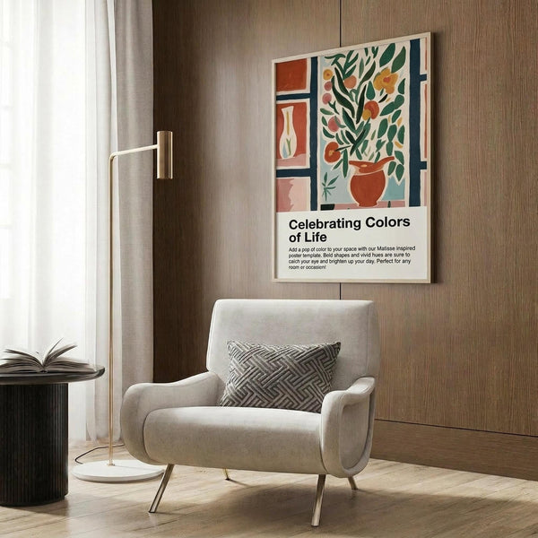 May include: Matisse-inspired poster with colorful botanical artwork featuring orange vase with green foliage, geometric shapes in terracotta and sage tones, displayed in modern living room with beige armchair, gold floor lamp, and wood paneled wall