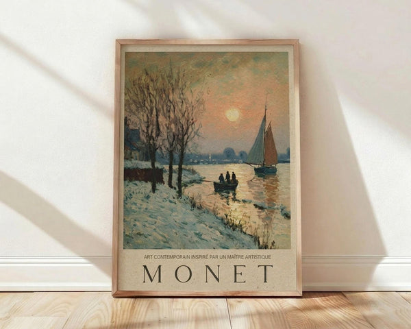 May include: Framed poster print featuring an impressionist-style winter landscape with snow-covered ground, bare trees, sailboats on water, and a pale sun in the sky. The artwork displays muted blues, oranges, and cream tones with "MONET" text below the image. Natural wood frame leans against white wall on light wooden floor with soft window light casting shadows.