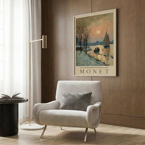 May include: Framed Monet-style poster featuring winter landscape with sailboats on water at sunset, snow-covered shore with bare trees, displayed on wood-paneled wall above beige armchair with geometric pillow, brass floor lamp and side table with open book nearby