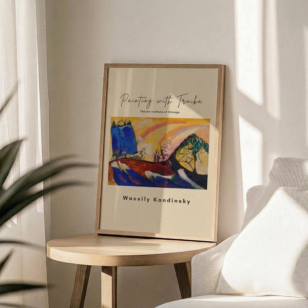 May include: Framed art print displaying an abstract painting with vibrant blue, yellow, orange and red brushstrokes in Kandinsky's expressionist style, positioned on a light wooden round side table next to a cream upholstered chair. Soft natural lighting creates gentle shadows across the neutral beige wall, with green plant leaves visible in the corner of the minimalist interior setting.