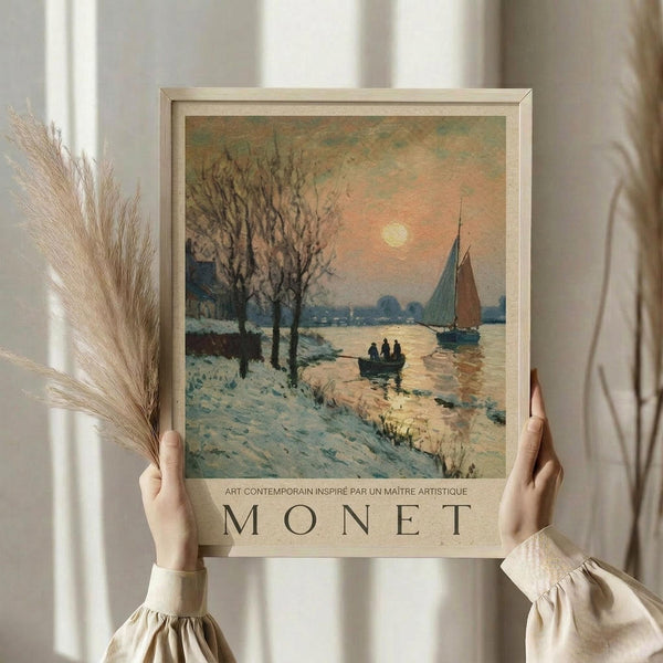 May include: Person holding framed Monet-style winter landscape print showing sailboats on water at sunset, bare trees along snowy shoreline, warm peachy sky, and small rowing boat. Light wooden frame with cream matting and "MONET" text below artwork. Dried pampas grass visible on left, soft neutral lighting and curtains in background.