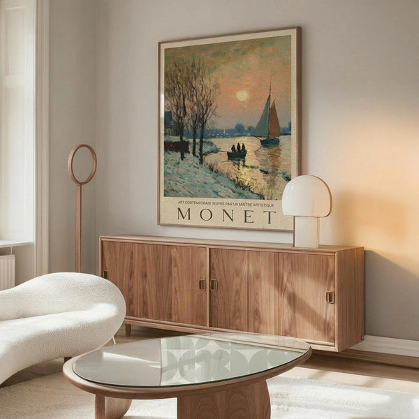 May include: A vintage-style Monet poster featuring a winter waterscape with sailboats and orange sunset, displayed above a mid-century modern walnut credenza in a minimalist living room with cream walls, white curved chair, glass oval coffee table, and warm ambient lighting from a dome table lamp.