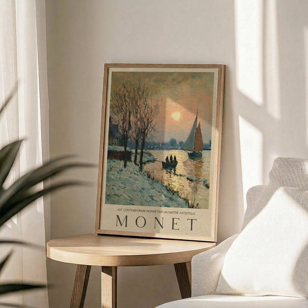 May include: Framed Monet-style winter landscape poster showing sailboat on water with snow-covered trees and orange sunset sky, displayed on round wooden side table next to beige upholstered chair, with plant leaves casting shadows on white wall in bright natural light
