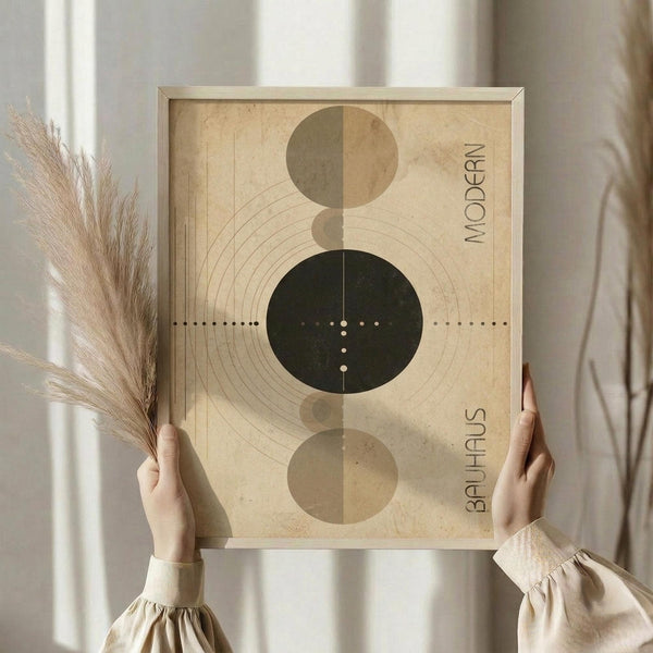 May include: Person holding framed geometric art print with beige background, featuring three overlapping circles in olive green and tan tones, dotted lines, concentric arcs, and "MODERN" and "BAUHAUS" text. Hands wear cream sweater sleeves, dried pampas grass visible on left, soft natural lighting from window.