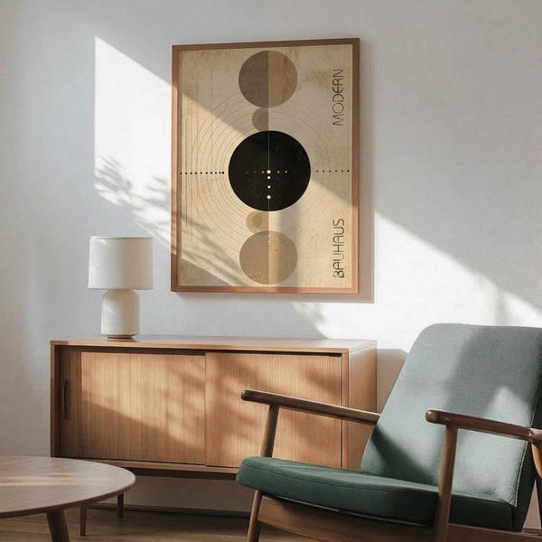 May include: Mid-century modern living room with sage green upholstered chair, wood sideboard, and ceramic table lamp. Framed geometric poster on white wall features beige and black circles with radiating lines and "MODERN" and "BAUHAUS" text. Warm natural lighting creates shadows across the minimalist Scandinavian-style interior with light wood furniture and neutral color palette.