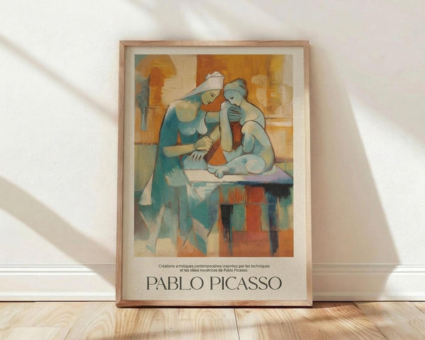 May include: Framed Pablo Picasso poster print leaning against white wall on light wood floor. Cubist artwork shows two abstracted figures in blue, orange, and cream tones sitting at a table. Natural light casts diagonal shadows across the scene. Light wood frame with cream matting surrounds the vintage-style art print.