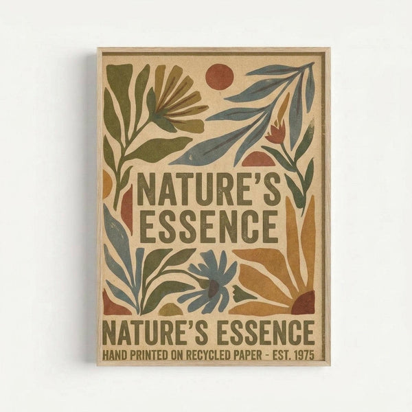 Vintage-style botanical poster with earthy tones featuring stylized leaves, plants, and circular sun elements in greens, rust orange, and blue-gray. Text reads "Nature's Essence" prominently displayed twice, with "Hand Printed on Recycled Paper - Est. 1975" at bottom. The design has a retro 1970s aesthetic with organic shapes and natural motifs arranged around the typography. Displayed in a light wood frame against a white wall.