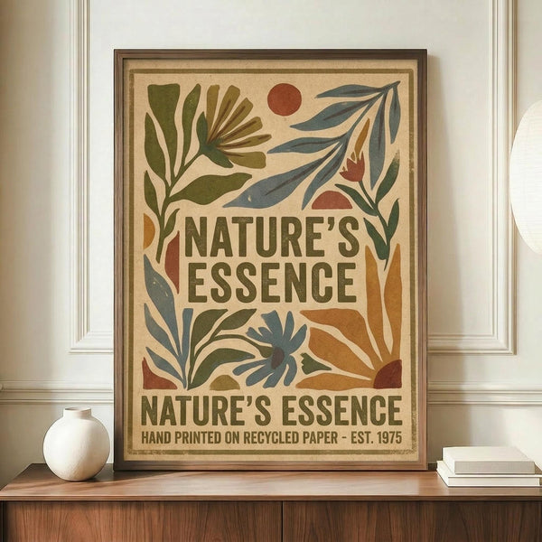 May include: Framed vintage-style botanical poster with cream background featuring stylized green and blue leaves, orange sun, and earth-tone floral motifs surrounding "Nature's Essence" text. Brown wooden frame displayed on walnut credenza beside white ceramic vase and stacked books against beige wainscoted wall in modern home interior.