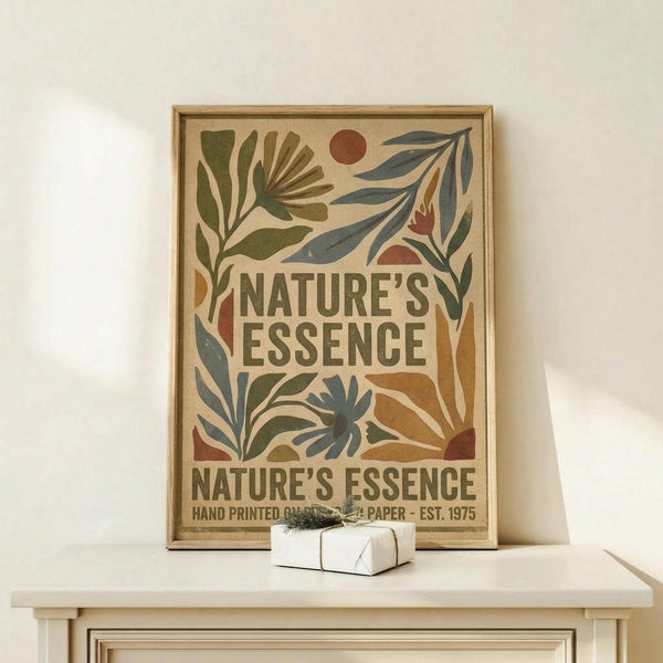 May include: Framed vintage-style botanical poster with earth-toned leaves, branches, and circular elements in greens, browns, and rust colors on cream background. Wood frame sits on light wooden surface against white wall beside small white wrapped gift with twine and greenery sprig.