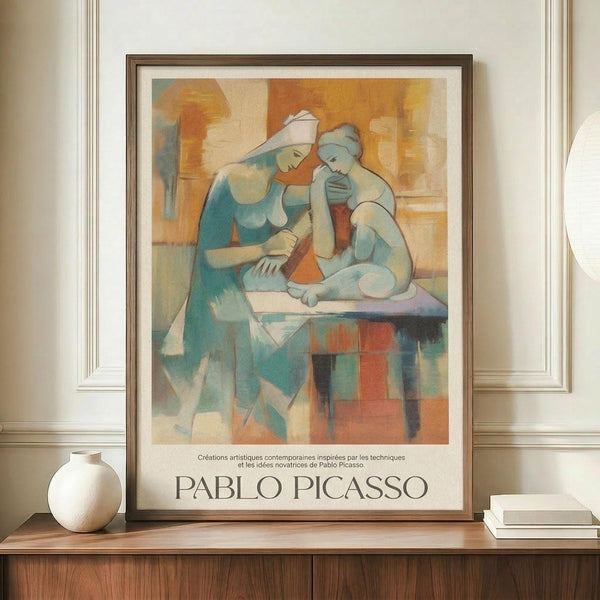 May include: Framed Picasso-style cubist artwork showing two women in soft blue, orange and cream tones, displayed on a wooden sideboard next to a small white ceramic vase and books. The poster features French text below the abstract figures and is set against cream-colored wainscoting in an elegant interior setting.