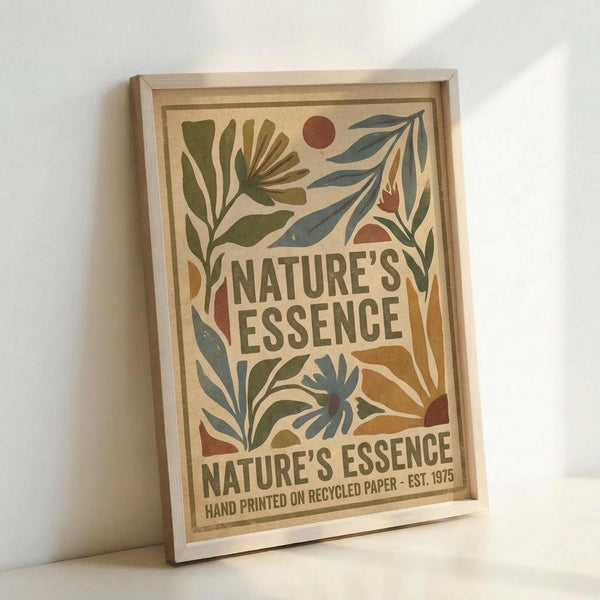 May include: Framed vintage-style botanical poster with earth tone illustrations of leaves, plants and geometric shapes surrounding "NATURE'S ESSENCE" text. Features muted greens, oranges, blues and browns on cream background. Includes "HAND PRINTED ON RECYCLED PAPER - EST. 1975" at bottom. Light wood frame displayed against white wall, leaning on surface with soft natural lighting creating gentle shadows.