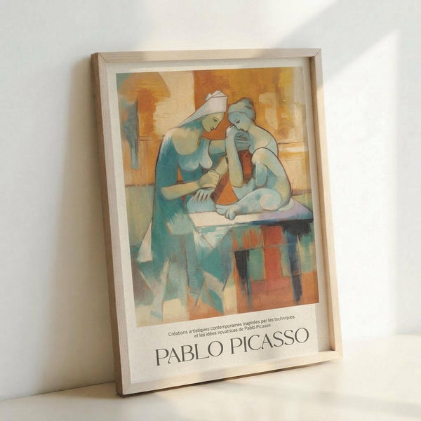 May include: Framed Pablo Picasso exhibition poster featuring two women in cubist style with soft blue, orange and beige tones, displayed in light wooden frame against white wall. The artwork shows geometric, angular figures seated at a table with French text below identifying the artist.