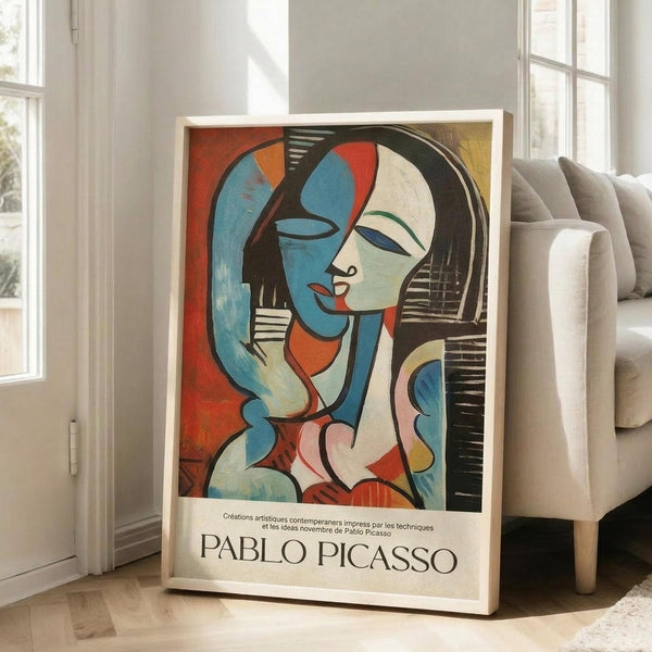 May include: A framed Picasso-style cubist portrait poster featuring a woman with geometric blue and white facial features, red lips, and flowing hair rendered in bold colors including orange, red, and black. The artwork displays French text and "PABLO PICASSO" at the bottom. The cream-colored frame leans against a white wall next to a beige sofa in a bright, modern living room with large windows and natural lighting.
