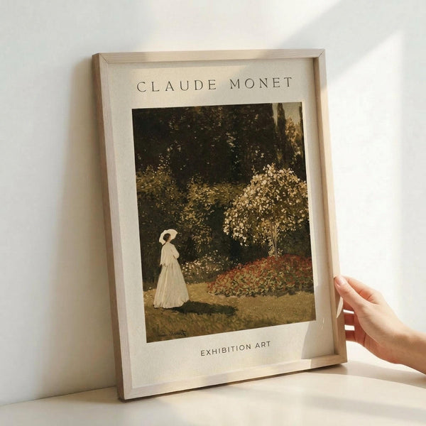 May include: Framed art print of Claude Monet painting showing woman in white dress with parasol walking through garden path surrounded by blooming trees and colorful flower beds. Print has cream matting with "CLAUDE MONET" and "EXHIBITION ART" text, displayed in light wood frame against white wall with hand holding corner for scale.