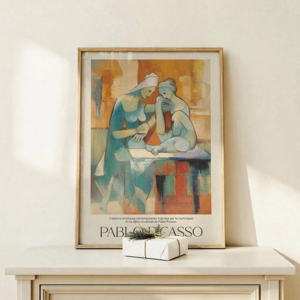 May include: Framed Pablo Picasso exhibition poster showing two abstract figures in blue, orange and cream cubist style, displayed on light wood console table with small wrapped gift box beside it against cream wall