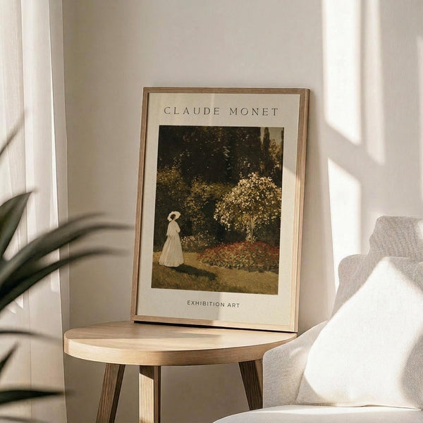 May include: Framed Claude Monet exhibition art print displayed on light wood round side table next to beige upholstered chair. Print shows woman in white dress with parasol walking through blooming garden with flowering trees. Warm sunlight streams across neutral-toned room with plant leaves visible in corner. Thin gold or brass frame with cream matting.